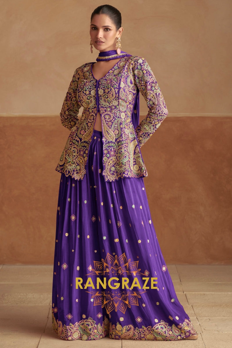 Purple Embroidered Chinon Silk Sharara Suit Set