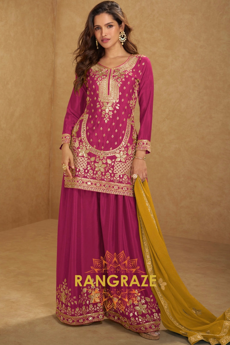Radiant Rani Pink Embroidered Silk Palazzo Suit Set