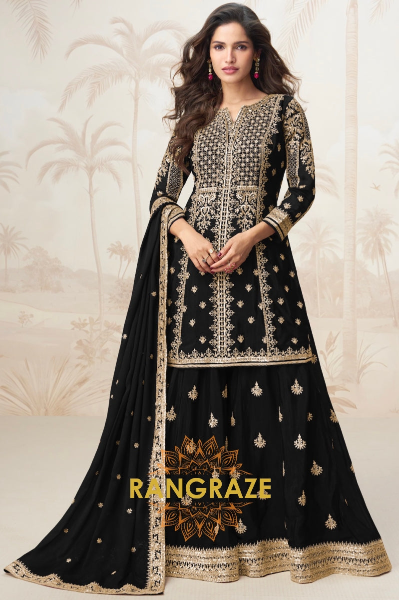Elegant Black Embroidered Silk Skirt Suit Set