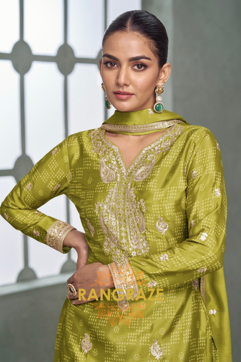 Olive Green Embroidered Silk Palazzo Suit Set