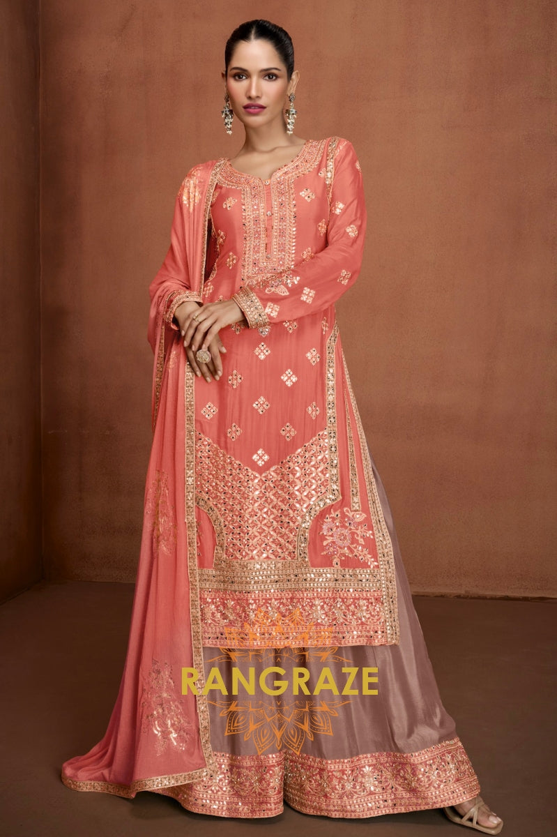 Peach Pink Embroidered Silk Palazzo Set