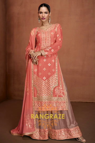 Peach Pink Embroidered Silk Palazzo Set