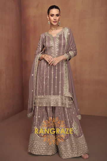 Classic Mauve Embroidered Silk Palazzo Set