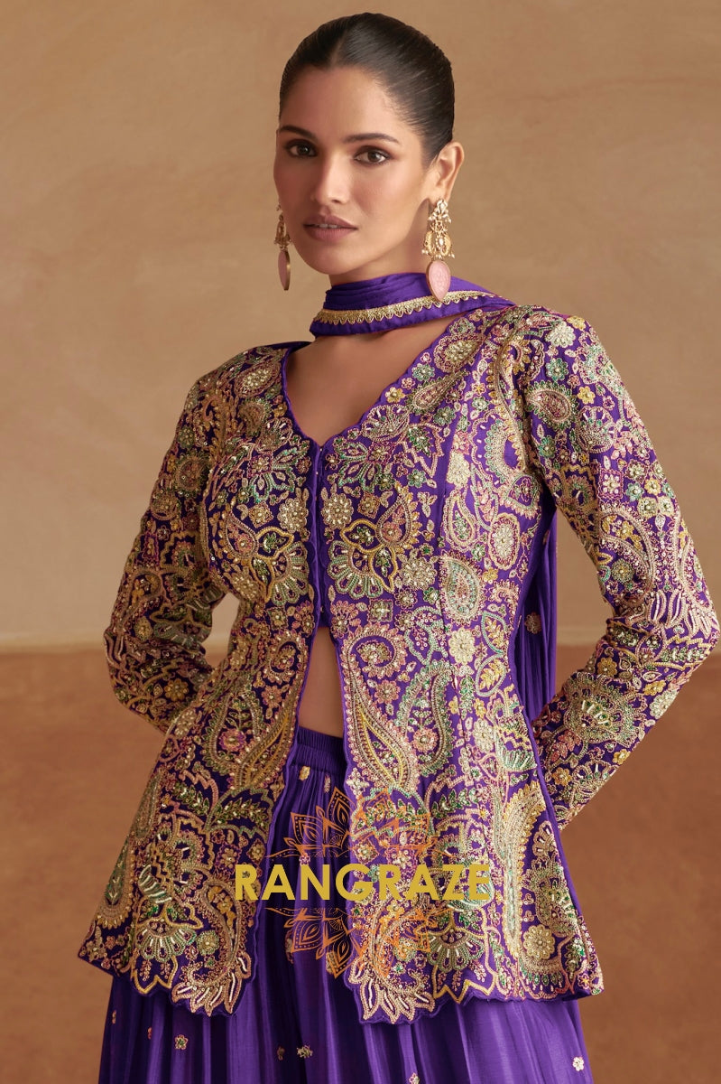 Purple Embroidered Chinon Silk Sharara Suit Set