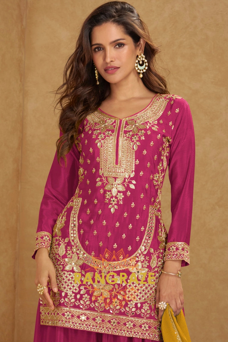 Radiant Rani Pink Embroidered Silk Palazzo Suit Set