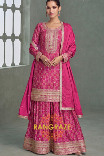 Fuchsia Pink Embroidered Silk Palazzo Set