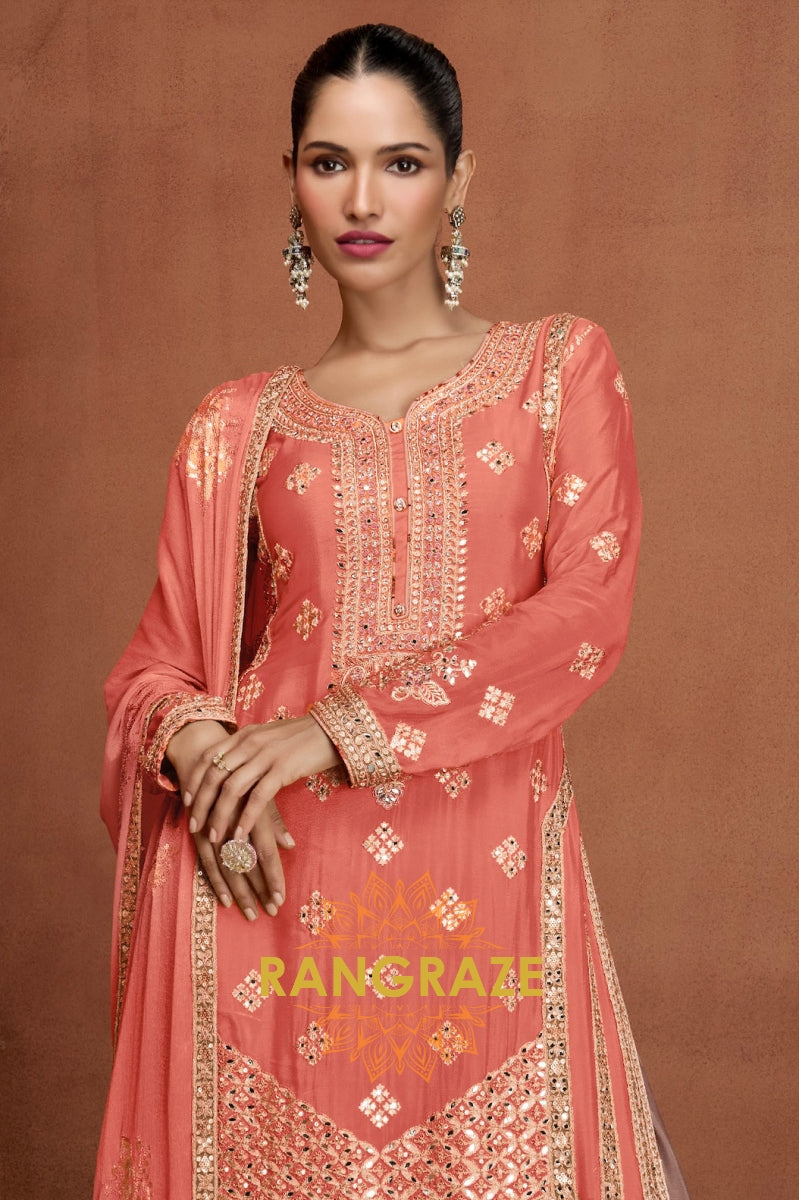 Peach Pink Embroidered Silk Palazzo Suit Set