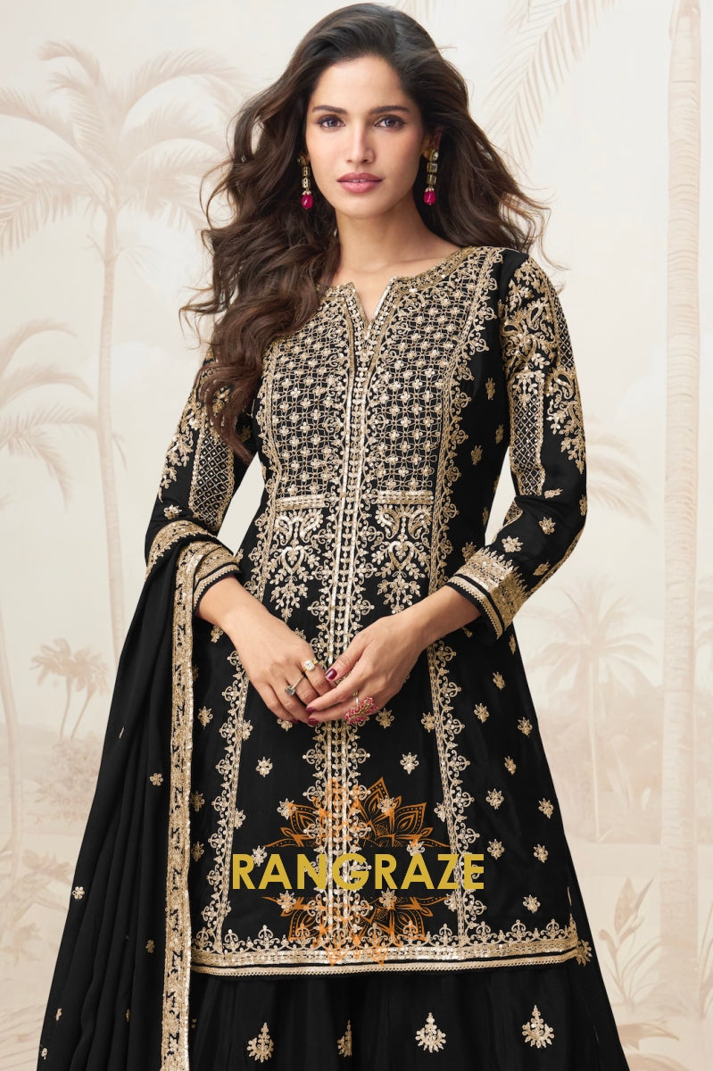 Elegant Black Embroidered Silk Skirt Suit Set