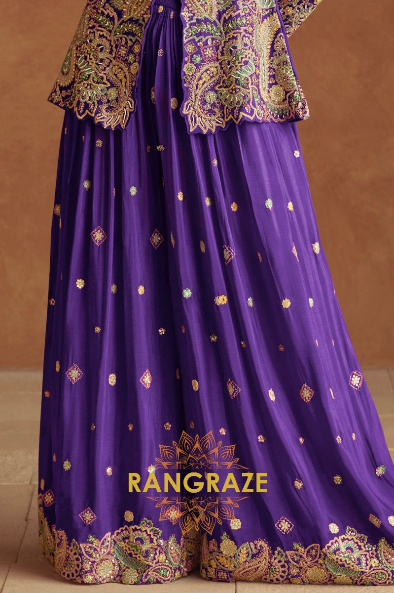 Purple Embroidered Chinon Silk Sharara Suit Set
