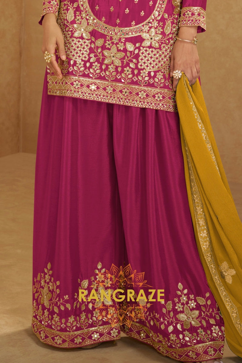 Radiant Rani Pink Embroidered Silk Palazzo Suit Set