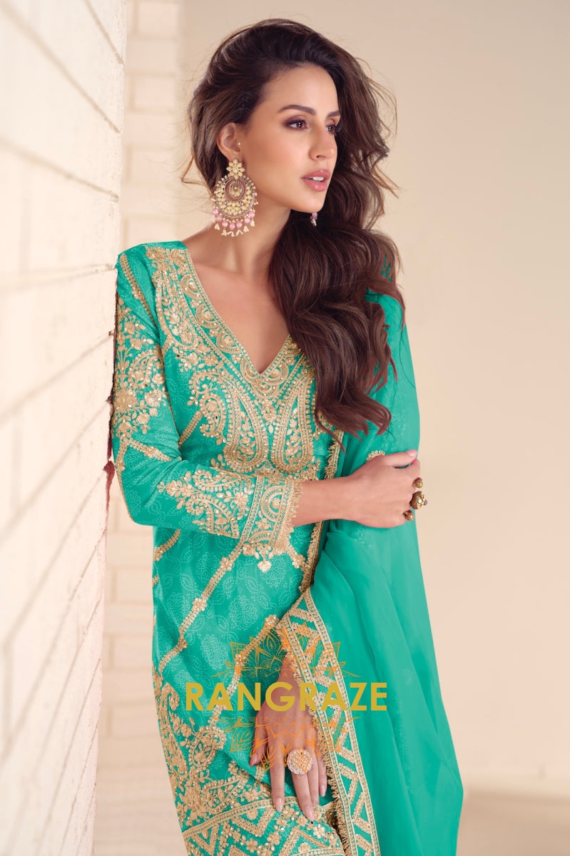 Radiant Sea Green Embroidered Silk Sharara Suit Set