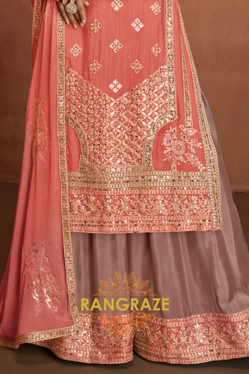 Peach Pink Embroidered Silk Palazzo Suit Set