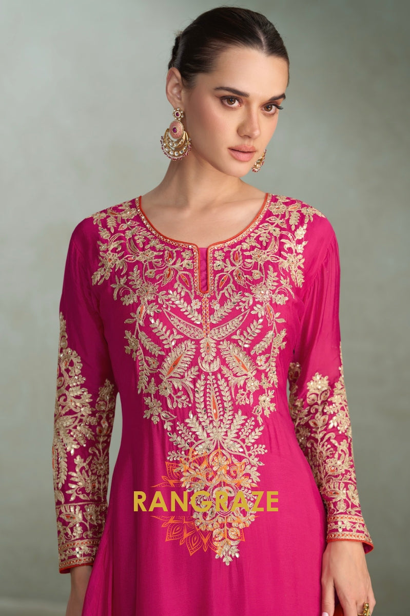 Radiant Pink & Orange Embroidered Silk Suit Set