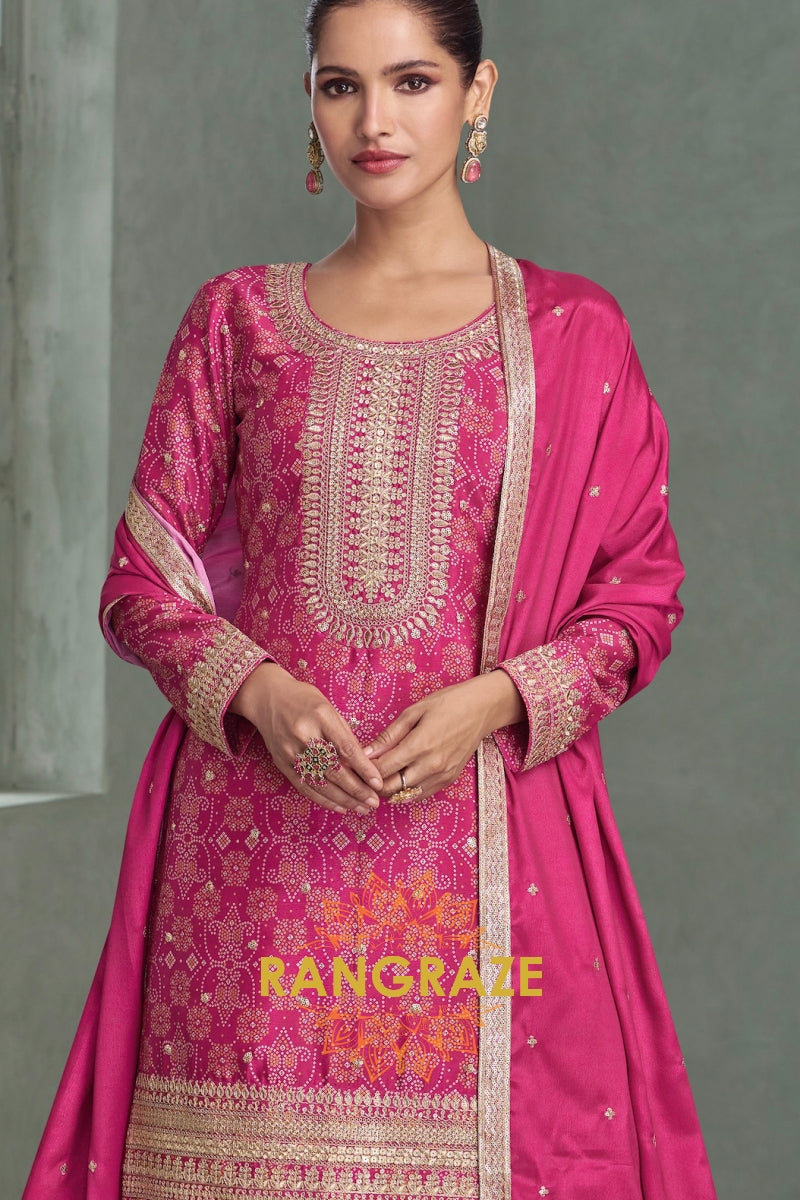 Fuchsia Pink Embroidered Silk Palazzo Suit Set