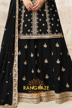 Elegant Black Embroidered Silk Skirt Suit Set