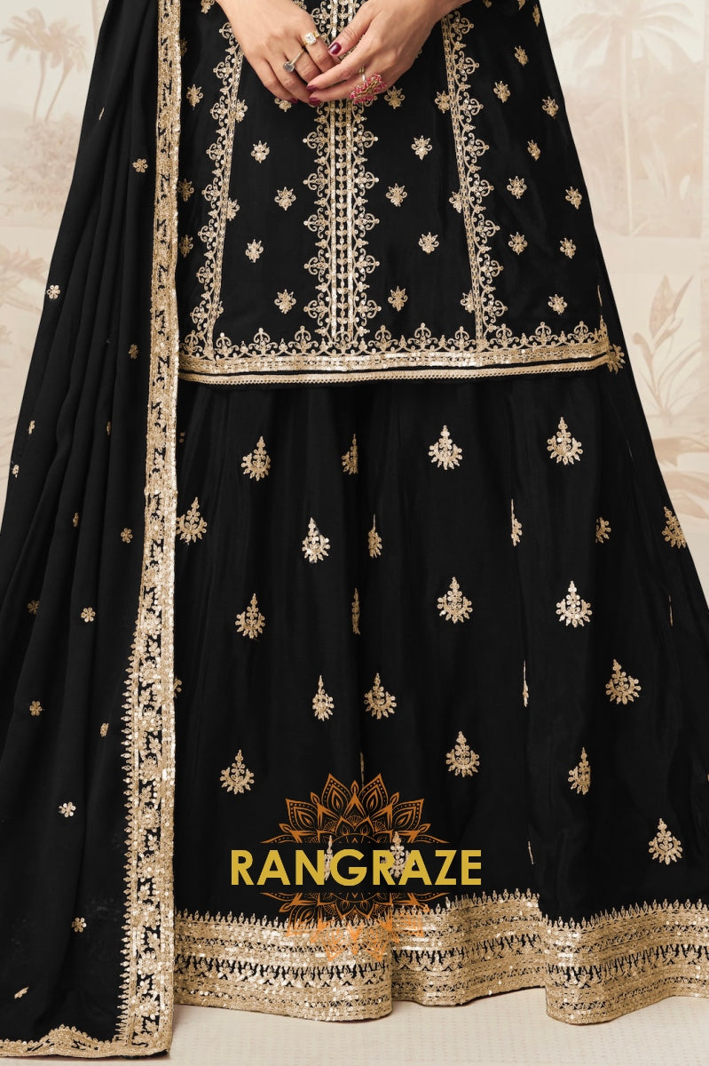 Elegant Black Embroidered Silk Skirt Suit Set