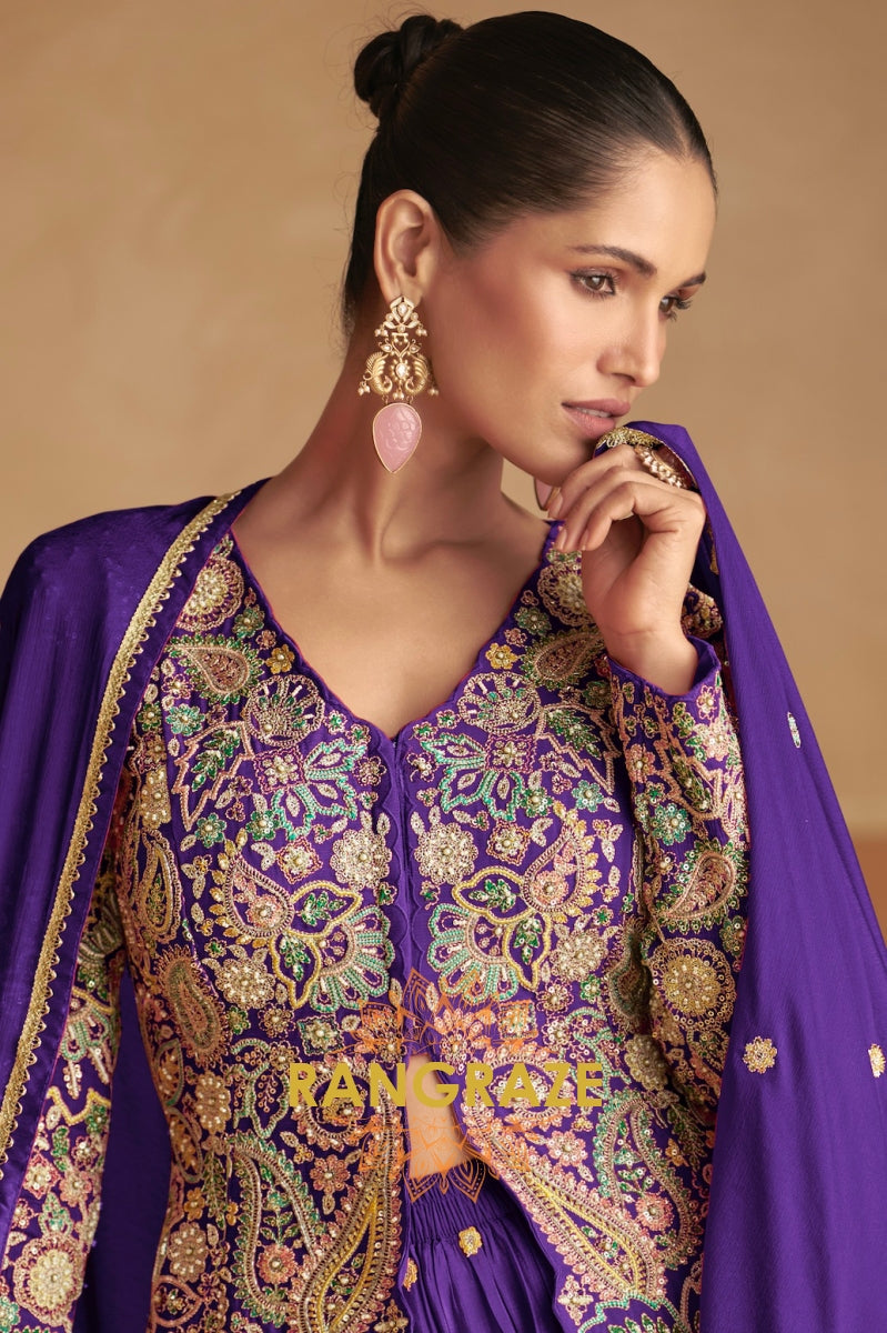 Purple Embroidered Chinon Silk Sharara Suit Set