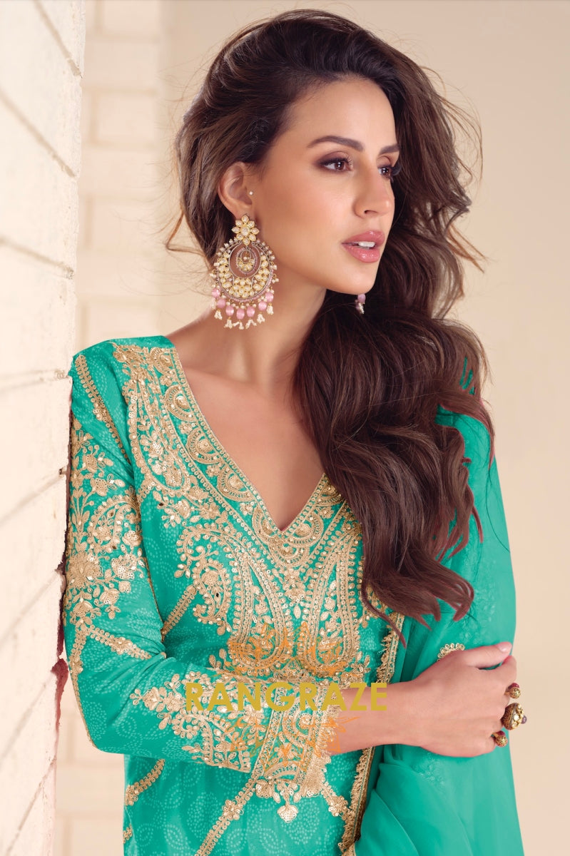Radiant Sea Green Embroidered Silk Sharara Set