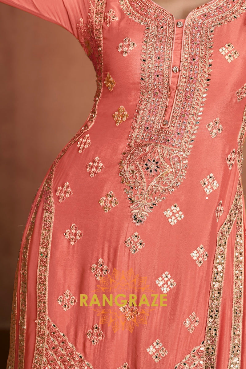 Peach Pink Embroidered Silk Palazzo Suit Set