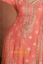 Peach Pink Embroidered Silk Palazzo Suit Set