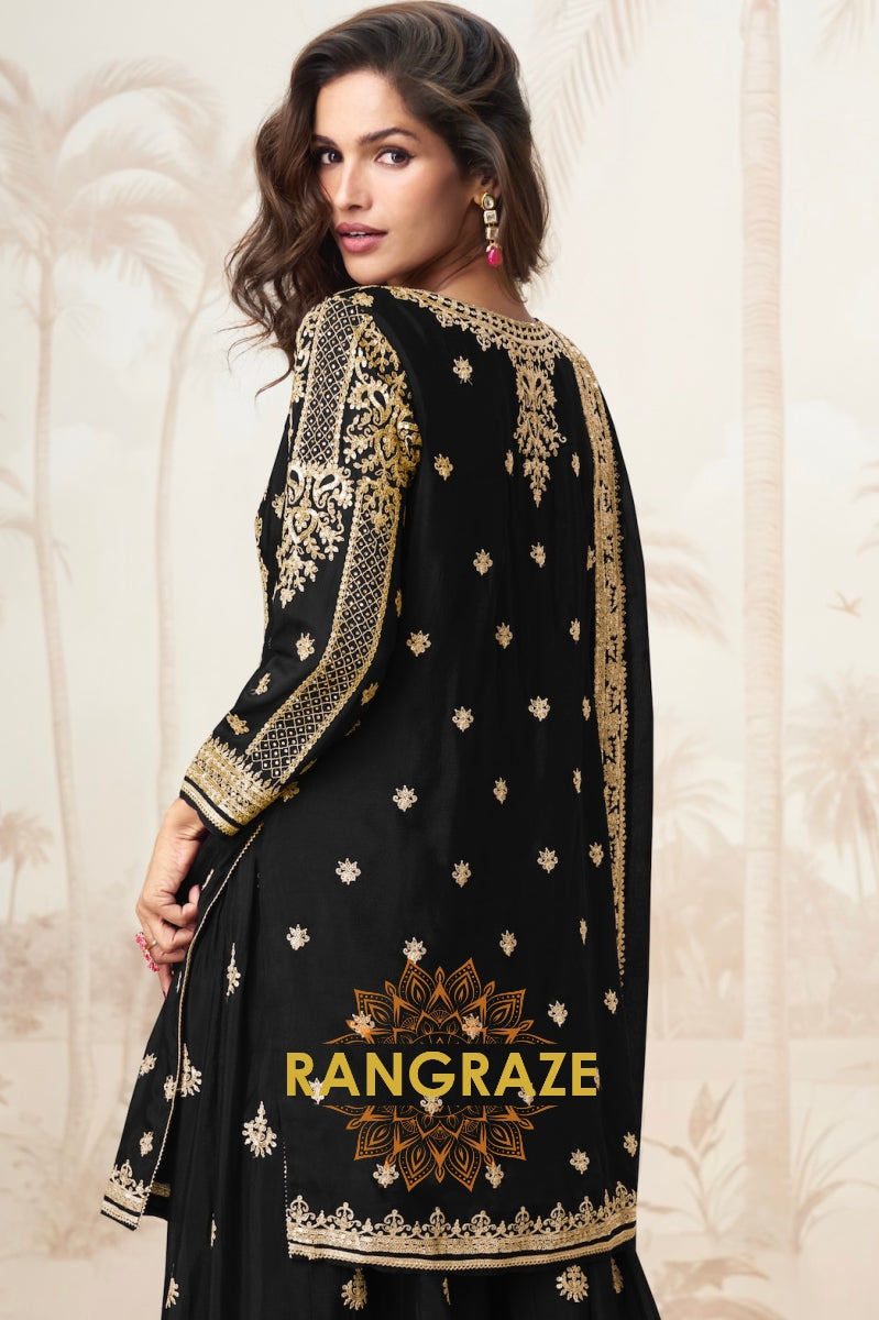 Elegant Black Embroidered Silk Skirt Suit Set
