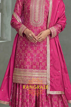 Fuchsia Pink Embroidered Silk Palazzo Suit Set