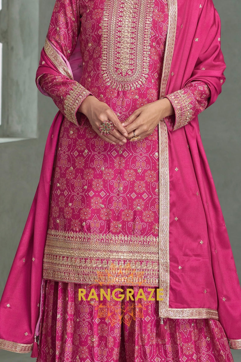 Fuchsia Pink Embroidered Silk Palazzo Suit Set