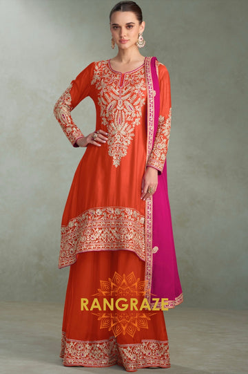 Radiant Rust Orange Embroidered Silk Palazzo Suit