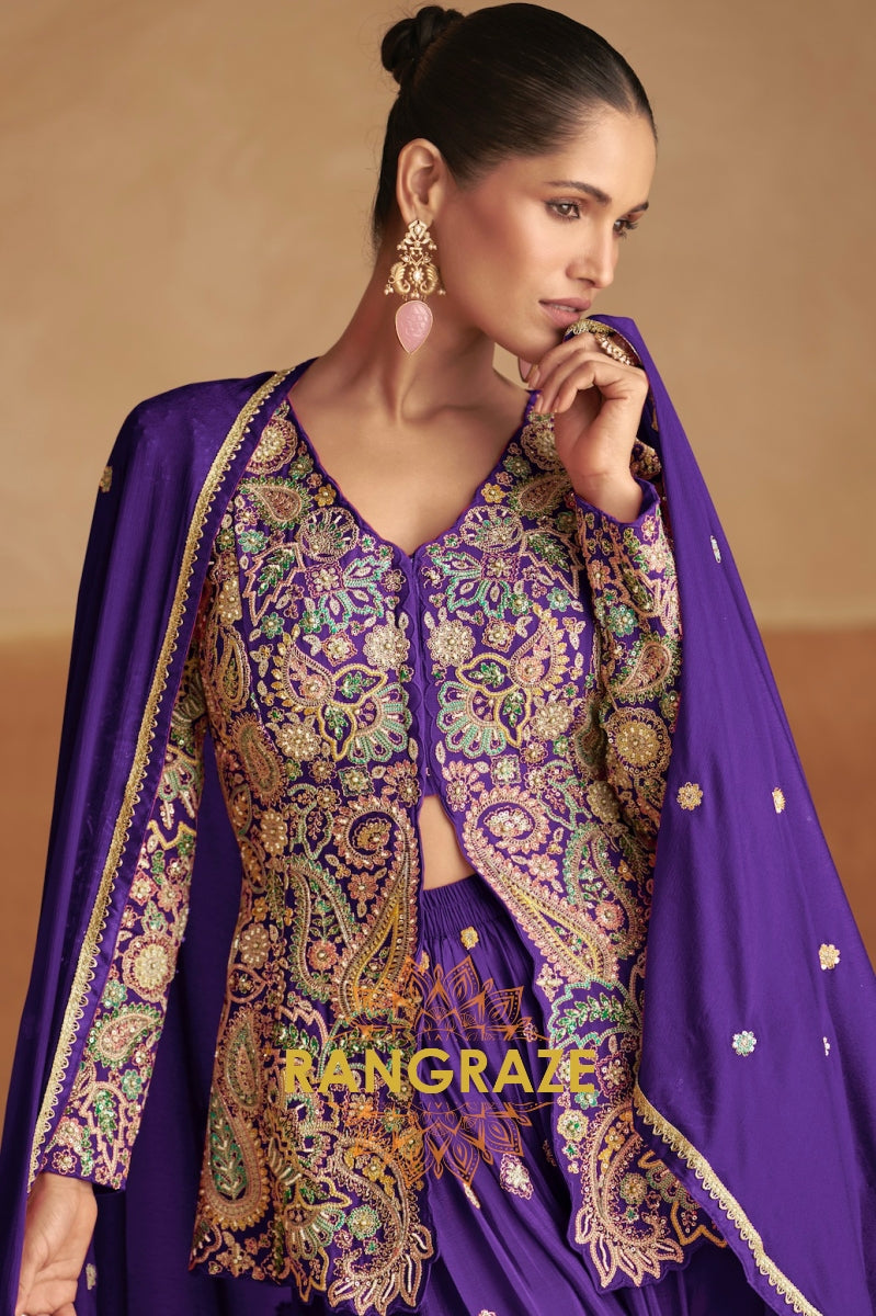 Purple Embroidered Chinon Silk Sharara Suit Set