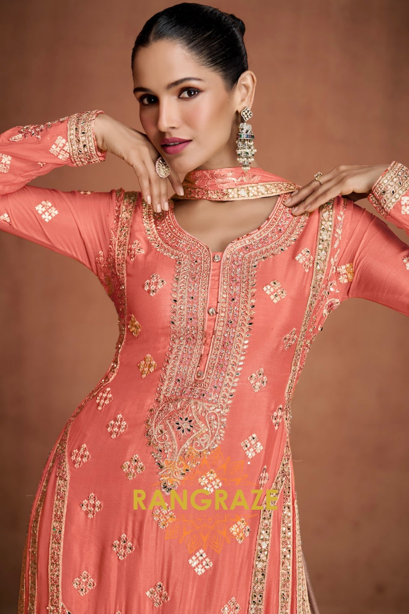 Peach Pink Embroidered Silk Palazzo Suit Set