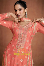 Peach Pink Embroidered Silk Palazzo Suit Set