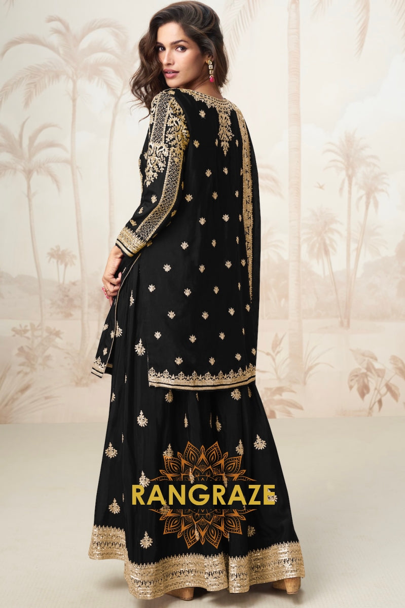 Elegant Black Embroidered Silk Skirt Set