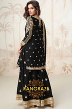 Elegant Black Embroidered Silk Skirt Suit Set