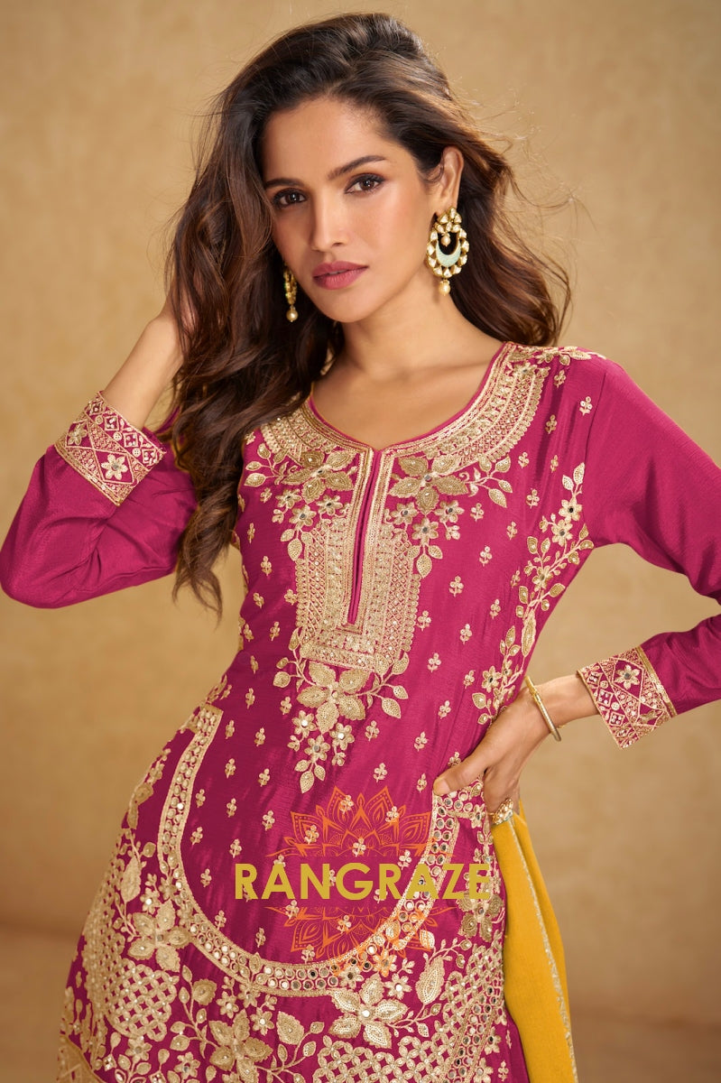 Radiant Rani Pink Embroidered Silk Palazzo Suit Set