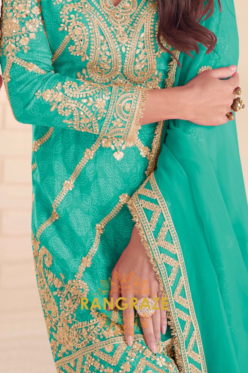 Radiant Sea Green Embroidered Silk Sharara Suit Set