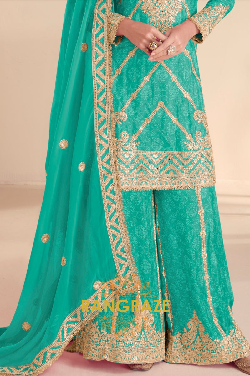 Radiant Sea Green Embroidered Silk Sharara Suit Set