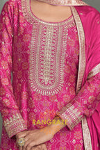 Fuchsia Pink Embroidered Silk Palazzo Suit Set