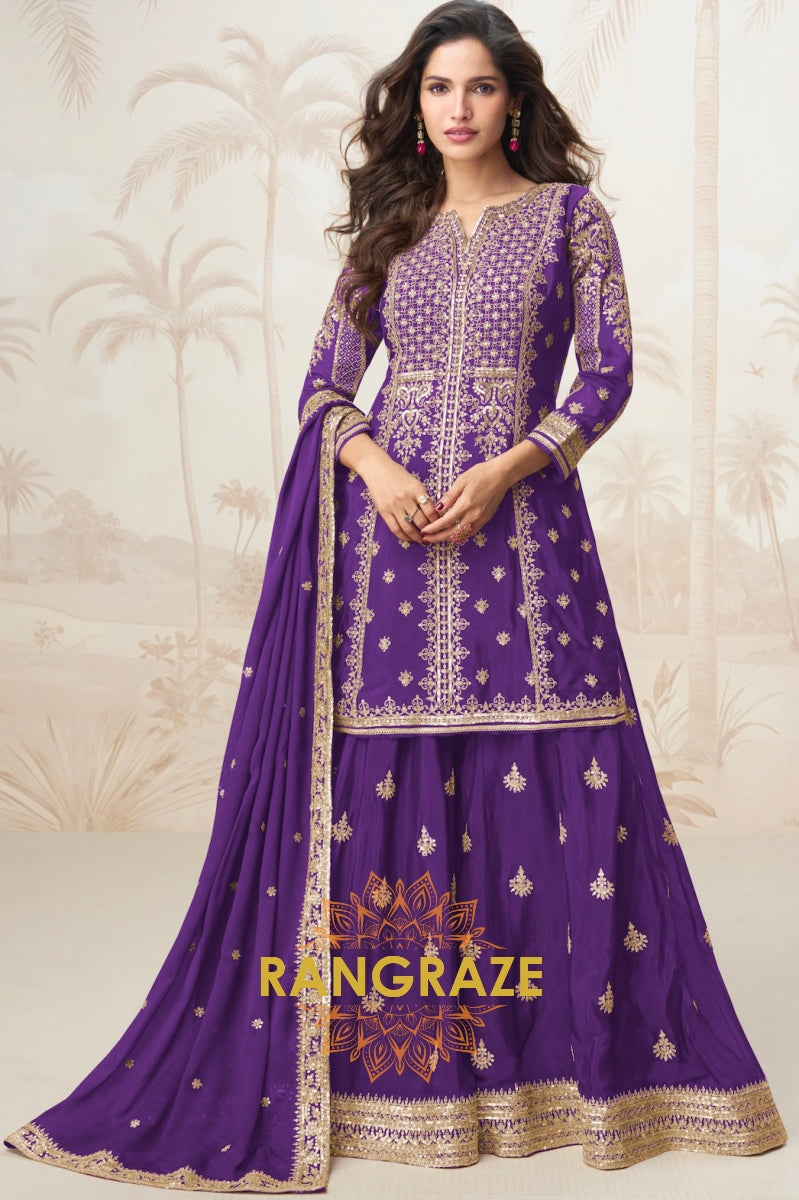 Regal Purple Embroidered Chinon Silk Skirt Suit Set