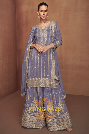 Lavender Embroidered Chinon Silk Palazzo Set