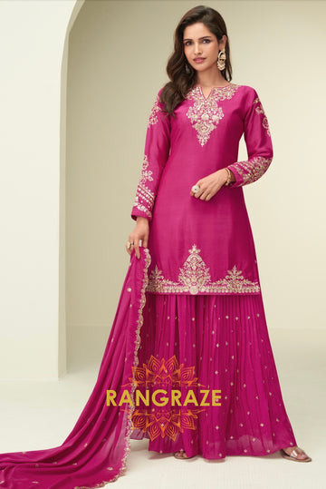 Classic Fuchsia Pink Embroidered Chinon Silk Sharara Set