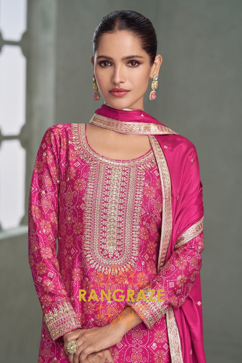 Fuchsia Pink Embroidered Silk Palazzo Suit Set