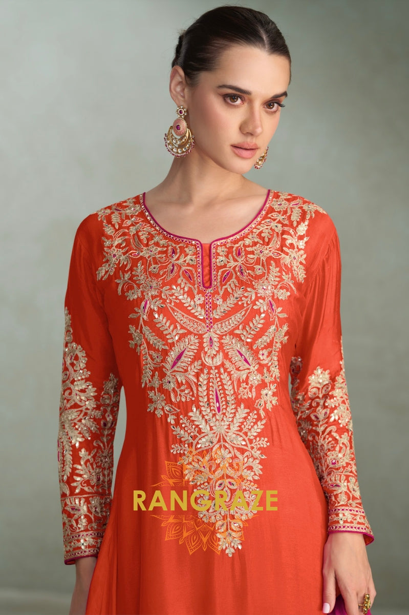 Radiant Rust Orange Embroidered Silk Palazzo Suit