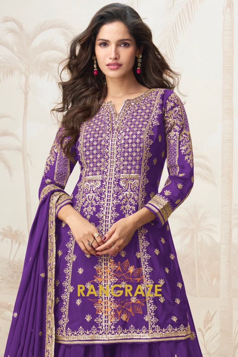 Regal Purple Embroidered Chinon Silk Skirt Suit Set