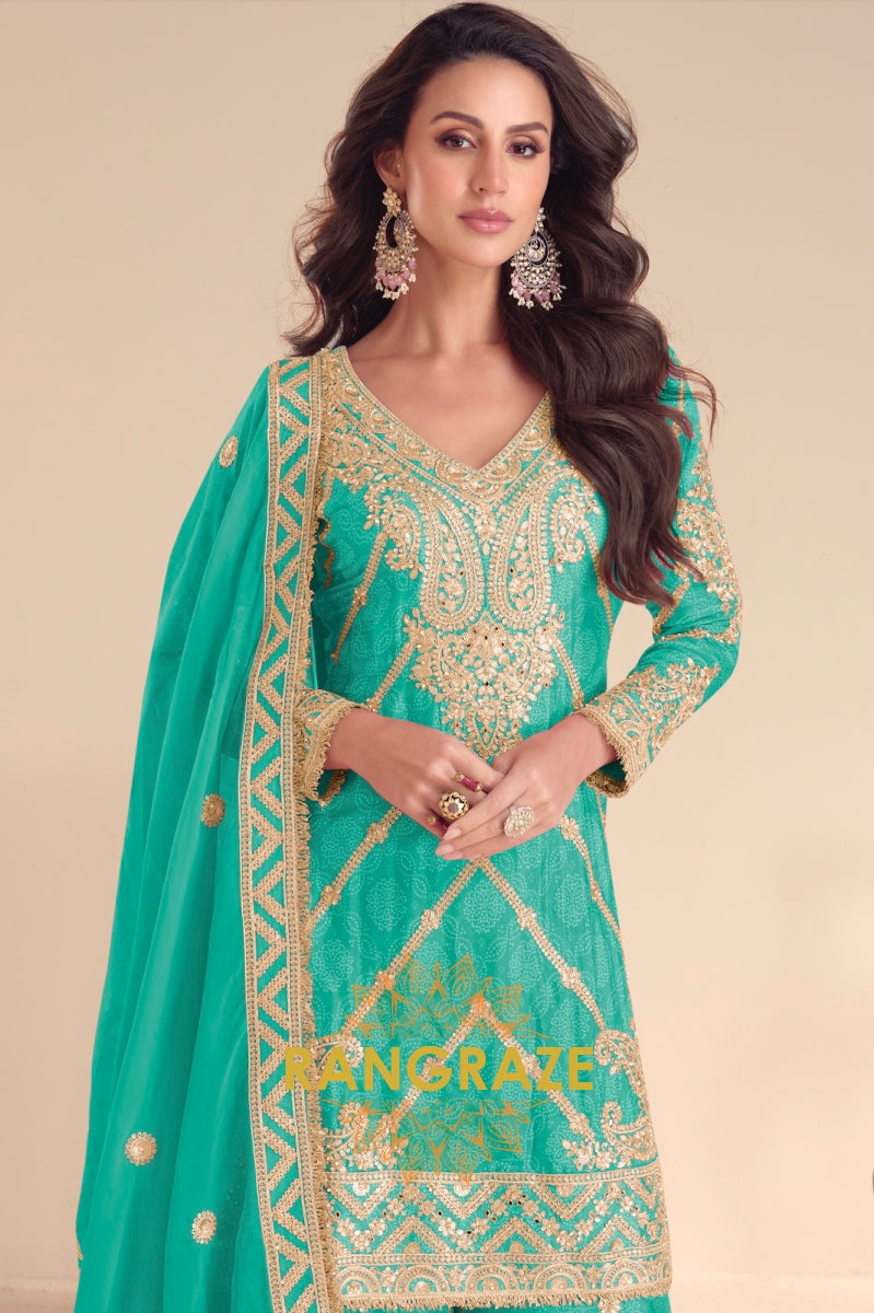 Radiant Sea Green Embroidered Silk Sharara Suit Set