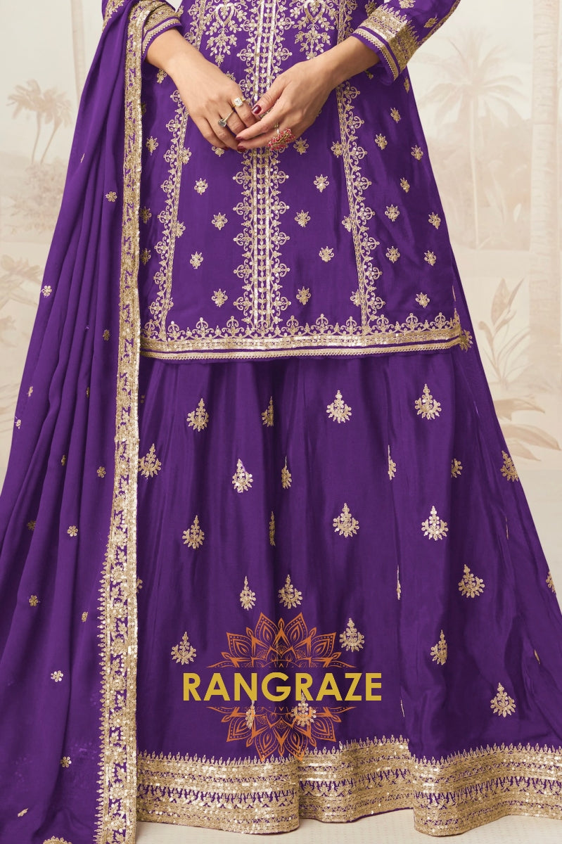 Regal Purple Embroidered Chinon Silk Skirt Suit Set