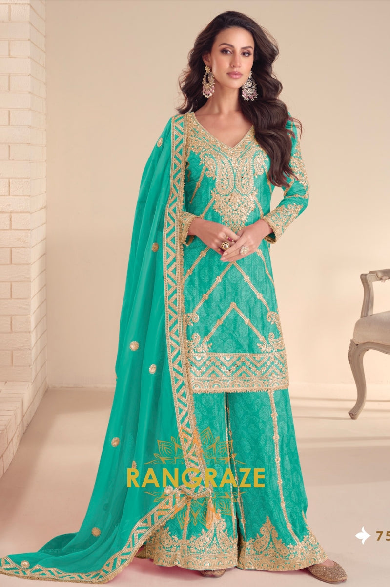 Radiant Sea Green Embroidered Silk Sharara Suit Set