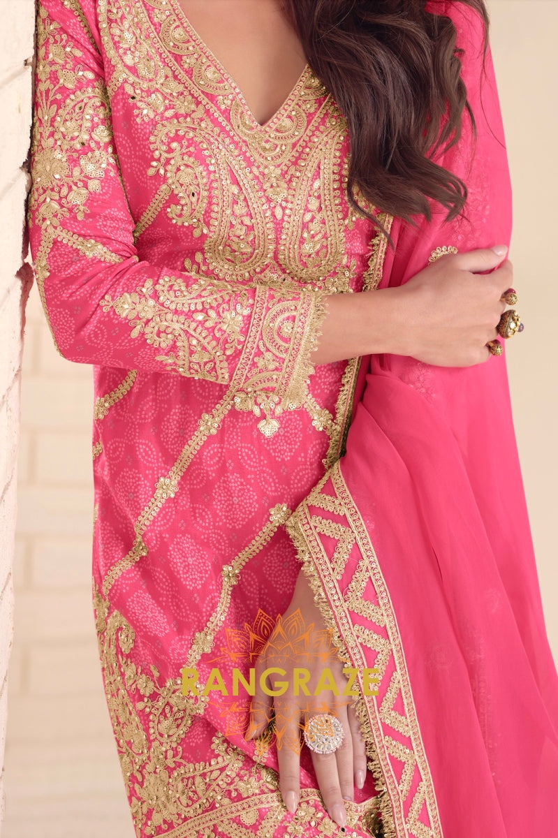 Radiant Rani Pink Embroidered Silk Sharara Suit Set