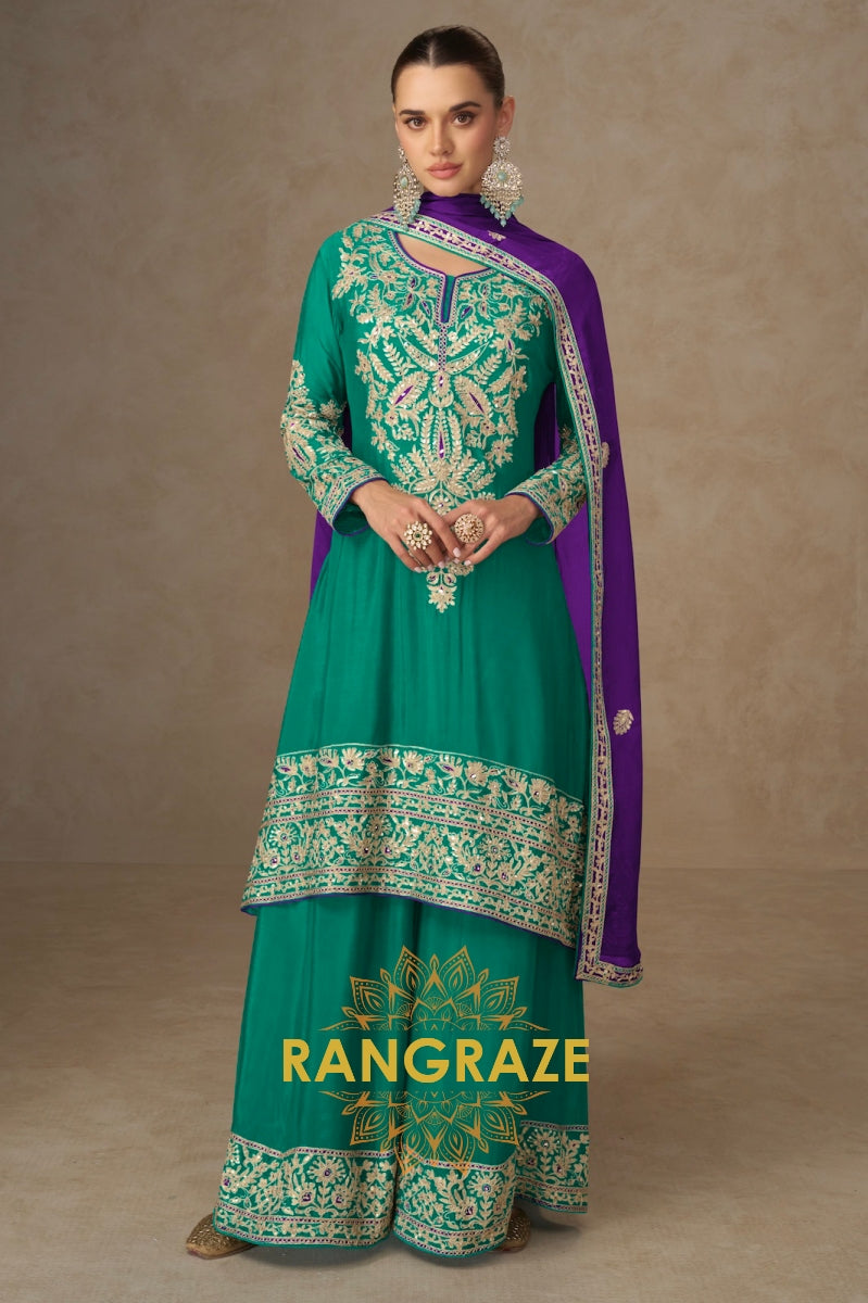 Emerald Green & Purple Embroidered Silk Palazzo Suit
