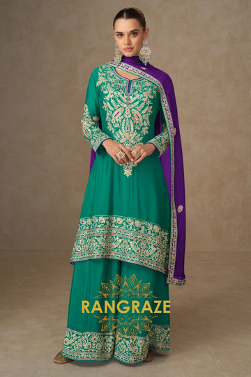 Emerald Green & Purple Embroidered Silk Palazzo Suit