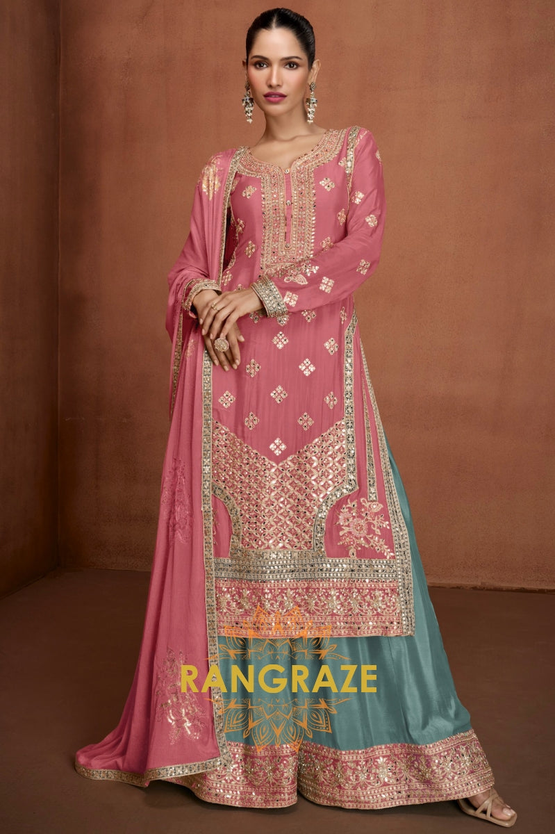 Elegant Pink & Teal Embroidered Silk Palazzo Set
